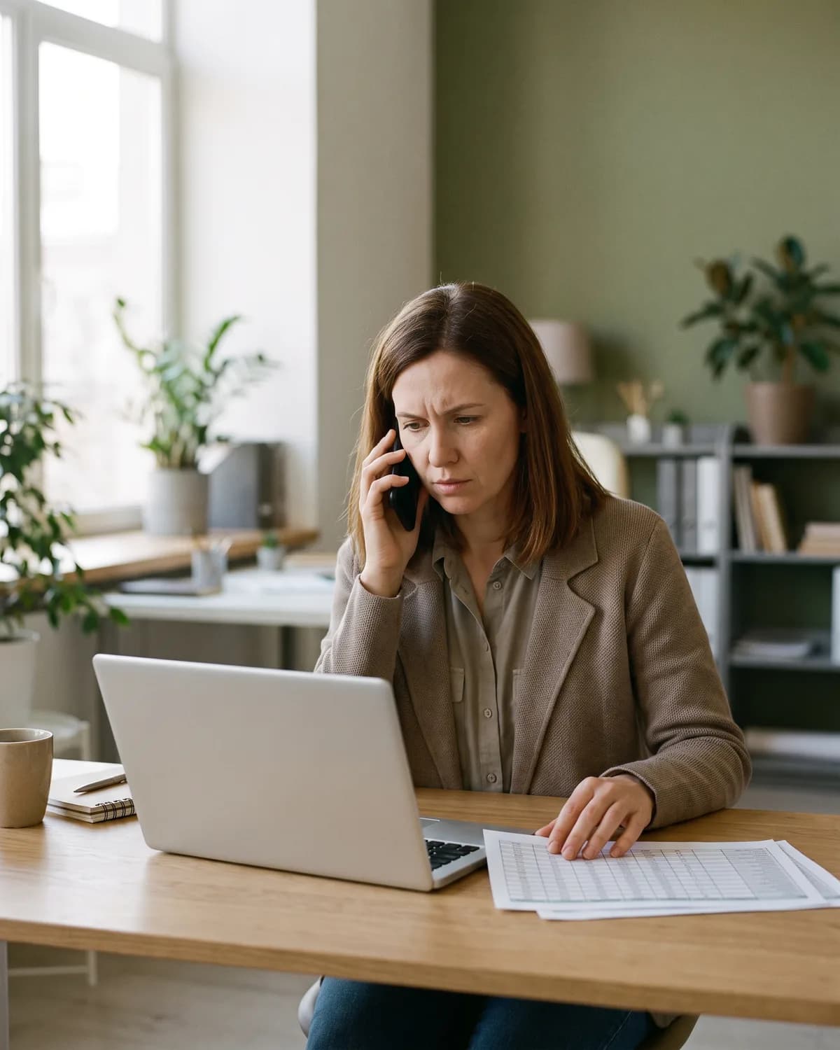 A loan officer at their desk with a phone to their ear, looking at a laptop, one hand resting on a printed spreadsheet.
